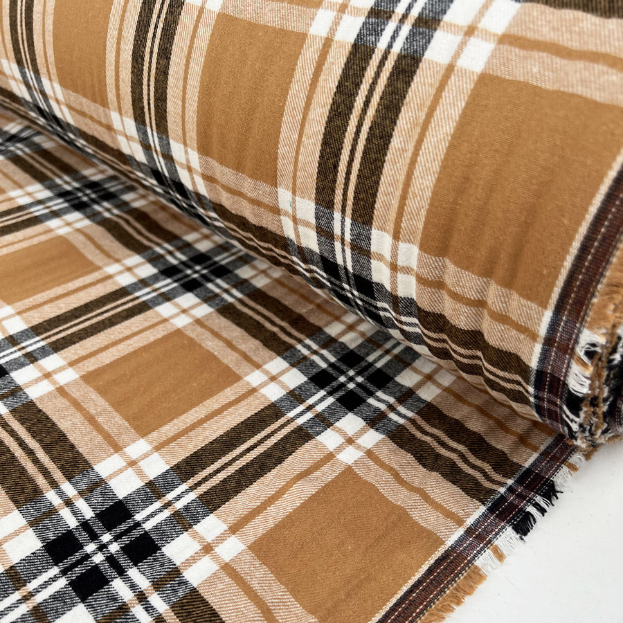 Brushed Cotton Brook Camel Check Plaid Black White Winceyette Flannel Shirtitng Fabric Roll