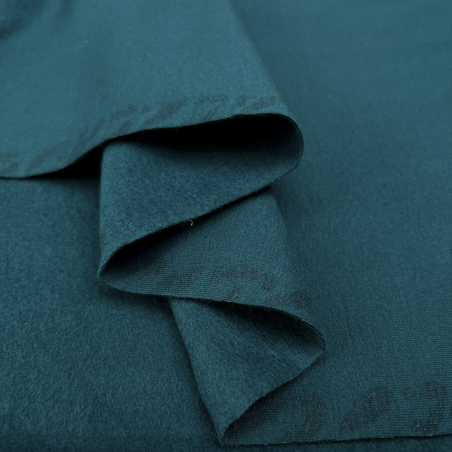 Brushed French Terry Petrol Teal Cotton Elastane Stretch Knit Jersey Fabric Fold