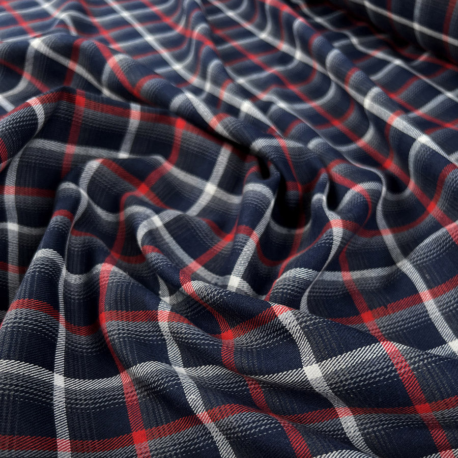 Brushed Plaid Red Navy White Polyester Cotton Checked Shirting Fabric