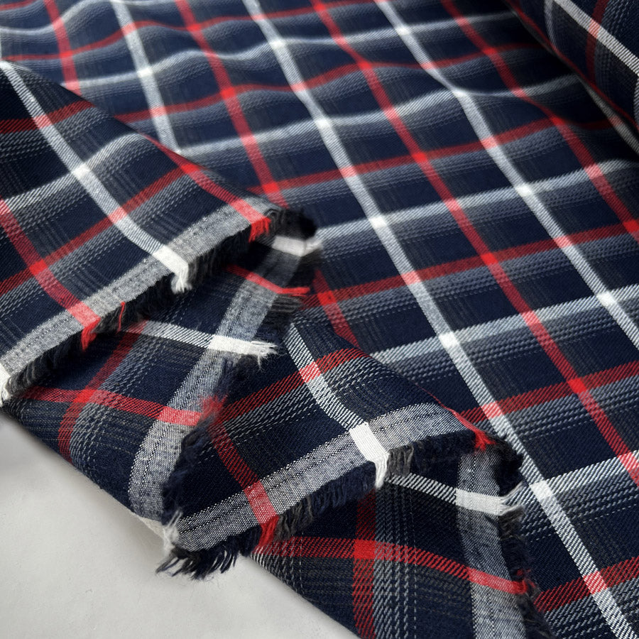 Brushed Plaid Red Navy White Polyester Cotton Checked Shirting Fabric Fold