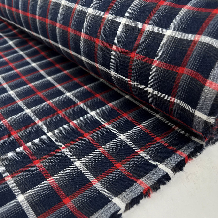 Brushed Plaid Red Navy White Polyester Cotton Checked Shirting Fabric Roll