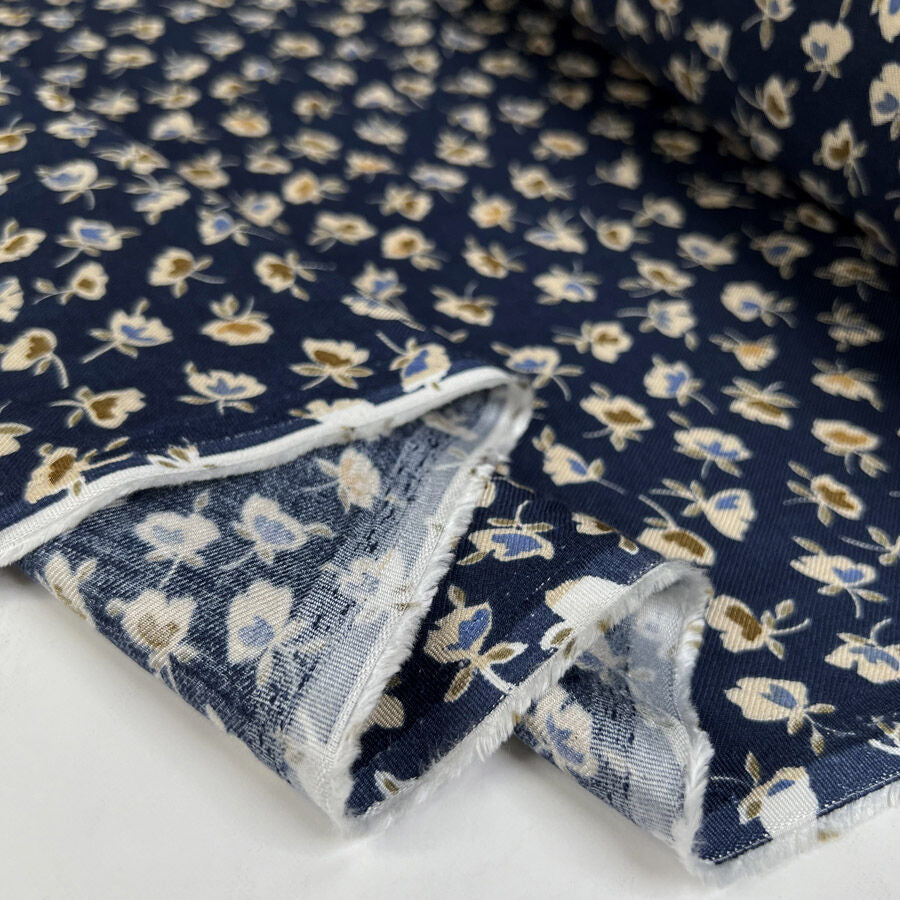 Brushed Viscose Twill Ditsy Blue Floral Dress Fabric Fold