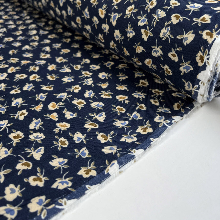 Brushed Viscose Twill Ditsy Blue Floral Dress Fabric Roll