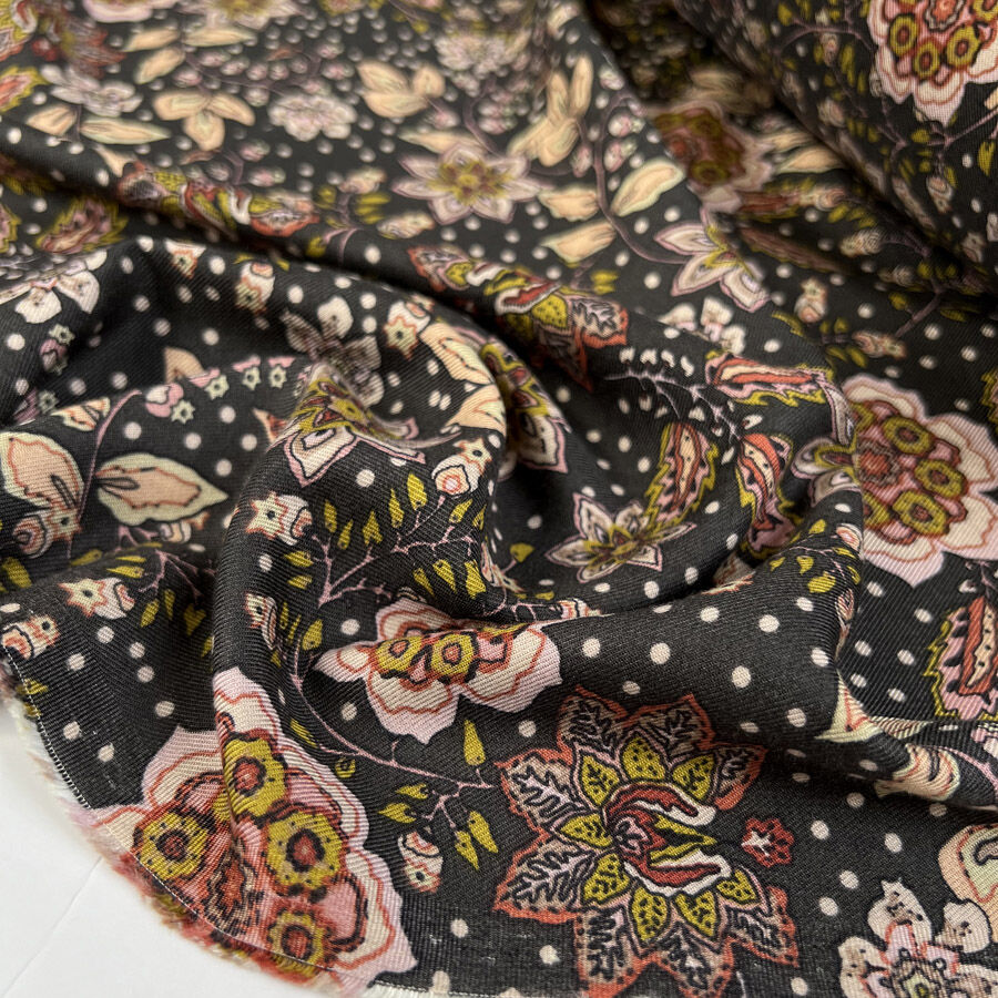 Brushed Viscose Twill Emma Dot Brown Paisley Floral Dress Fabric