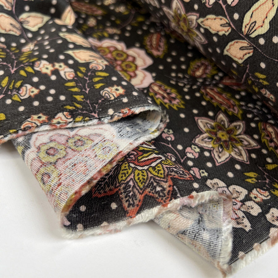 Brushed Viscose Twill Emma Dot Brown Paisley Floral Dress Fabric Fold