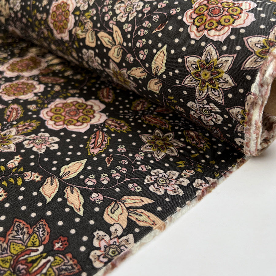 Brushed Viscose Twill Emma Dot Brown Paisley Floral Dress Fabric Roll