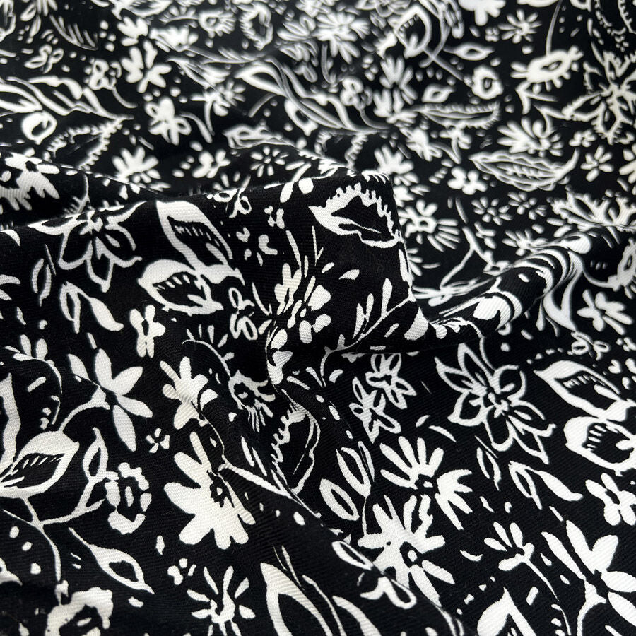 Brushed Viscose Twill Harper Black White Floral Woven Dress Fabric