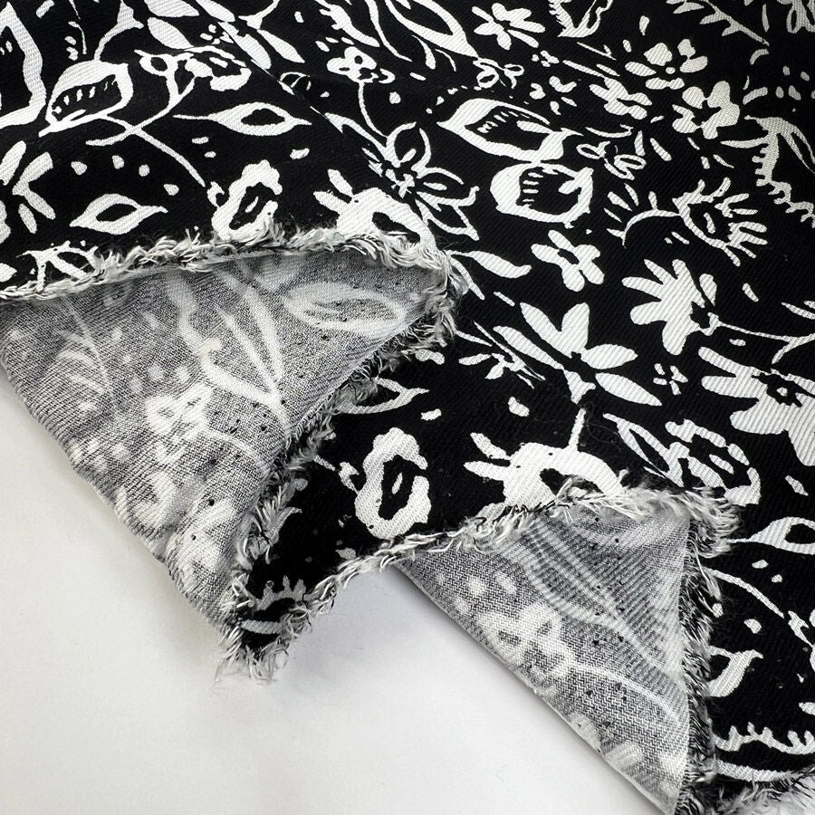 Brushed Viscose Twill Harper Black White Floral Woven Dress Fabric Fold