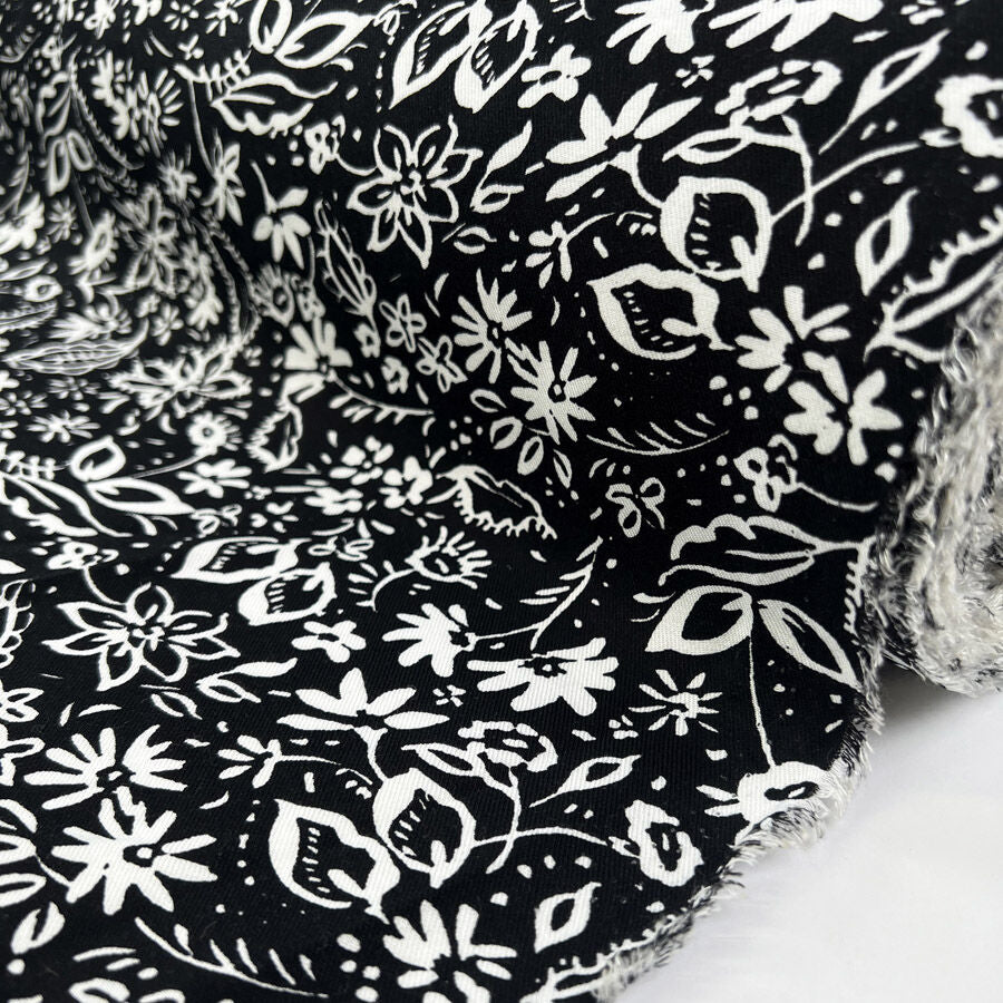 Brushed Viscose Twill Harper Black White Floral Woven Dress Fabric Roll