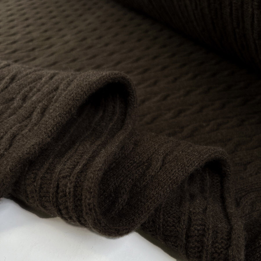 Cable Car Chunky Wool Dark Brown Italian Knittted Lambswool Jumper Fabric Fold