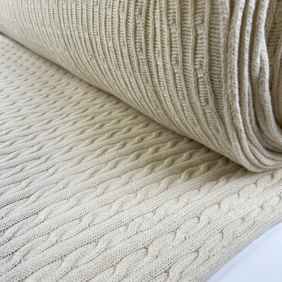 Cable Car Chunky Wool Ivory Cream Italian Knittted Lambswool Jumper Fabric Roll