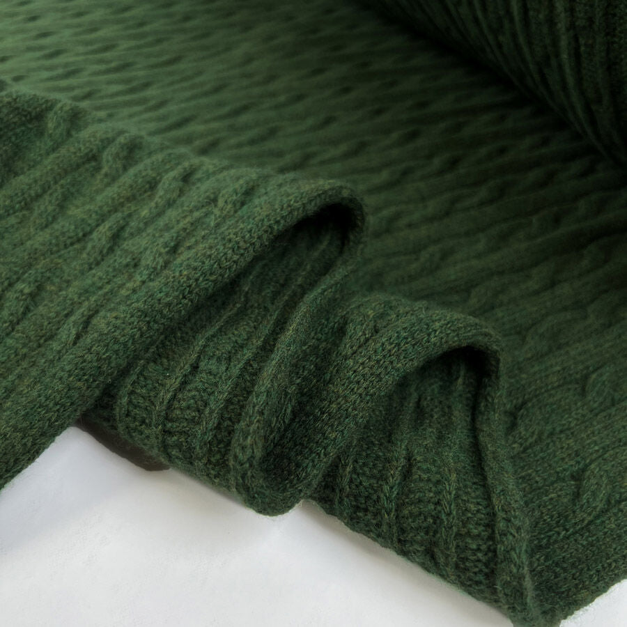 Cable Car Chunky Wool Moss Green Italian Knittted Lambswool Jumper Fabric Fold
