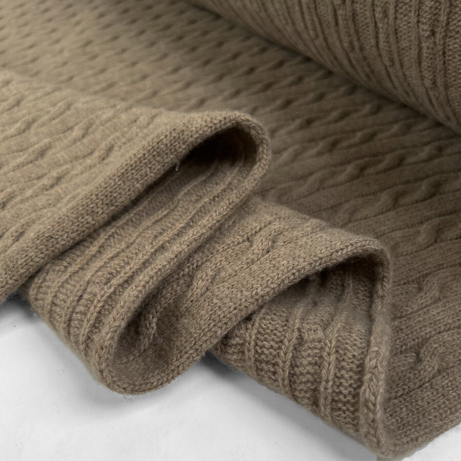 Cable Car Chunky Wool Taupe Beige Italian Knittted Lambswool Jumper Fabric Fold