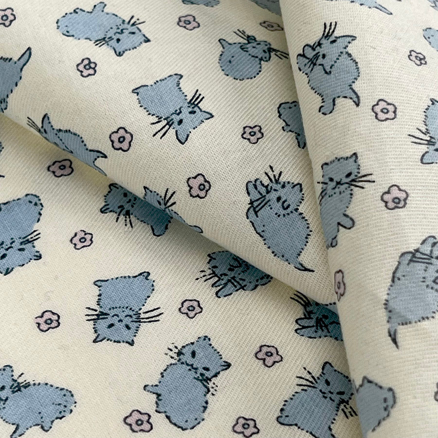 Cat print cotton dress shirting fabric kitty cotton blue
