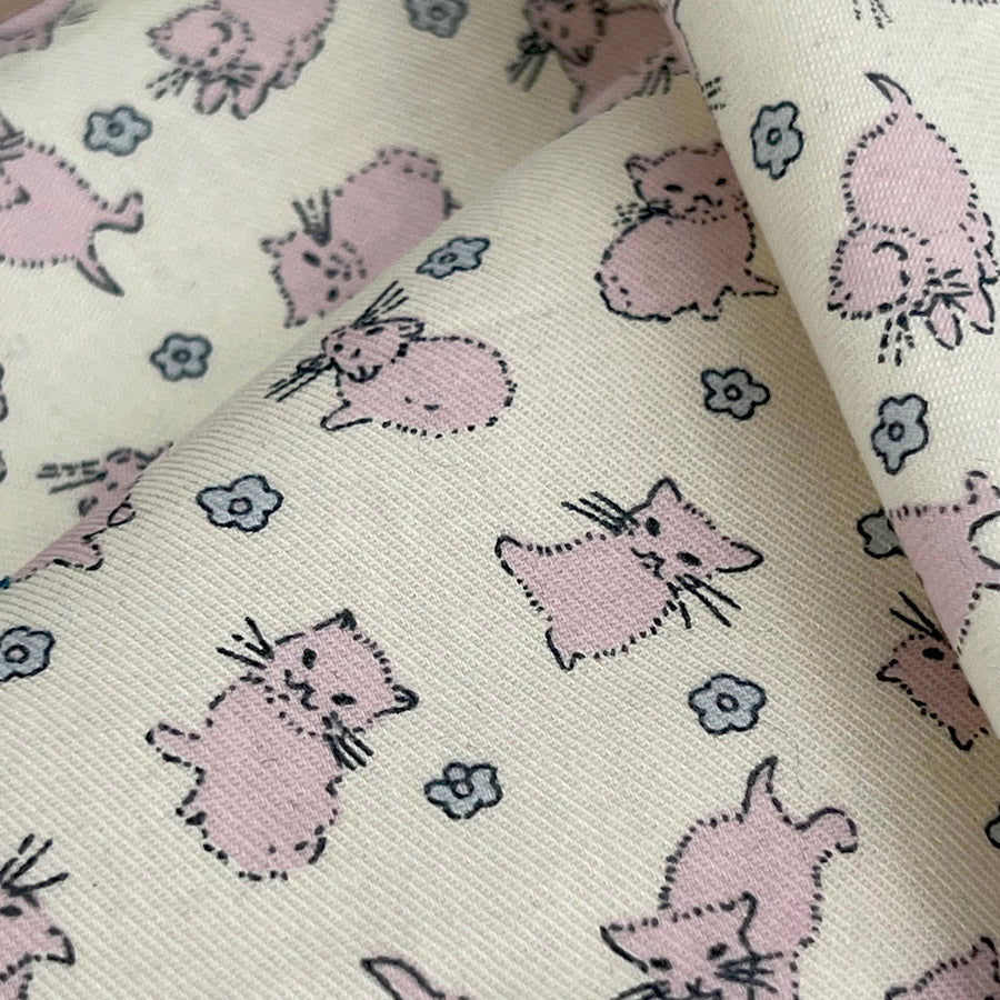 Cat print cotton dress shirting fabric kitty cotton pink