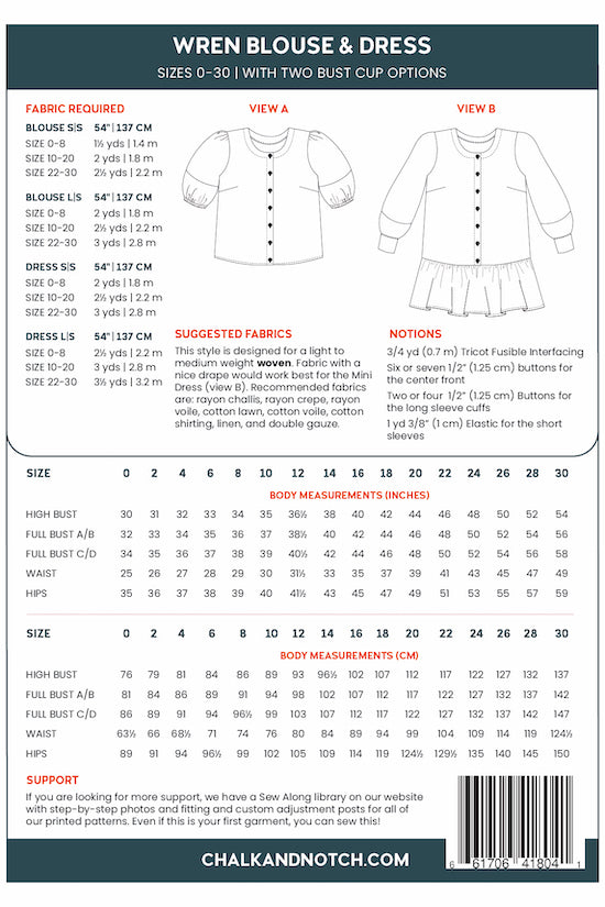 Chalk Notch Wren Blouse And Dress Sewing Pattern Back