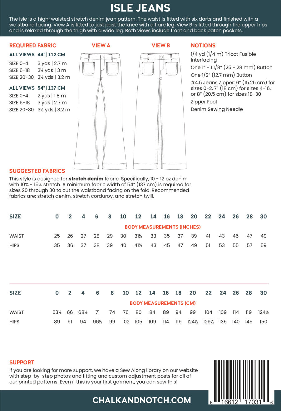 Chalk And Notch Patterns Isle Jeans Sewing Pattern Back Cover