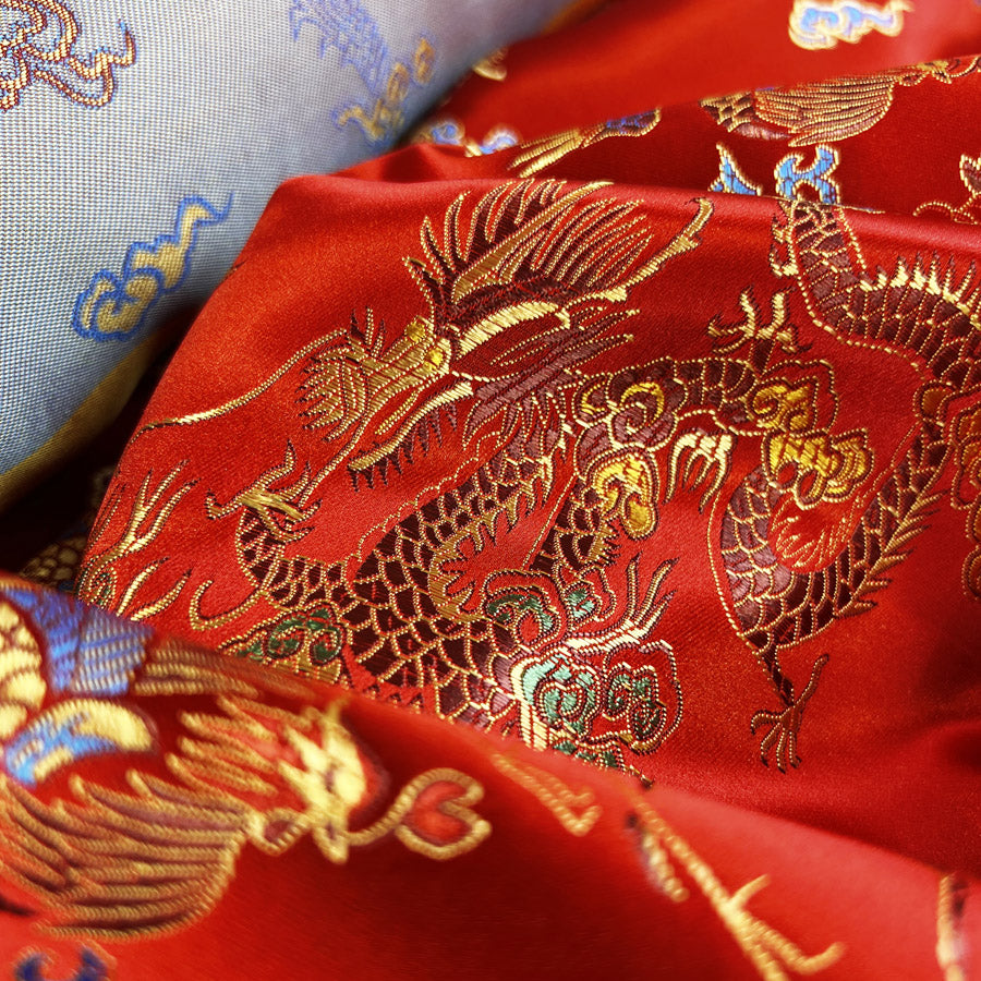 Chinese Jacquard Fabric Red Polyester Qipao Flaming Dragon