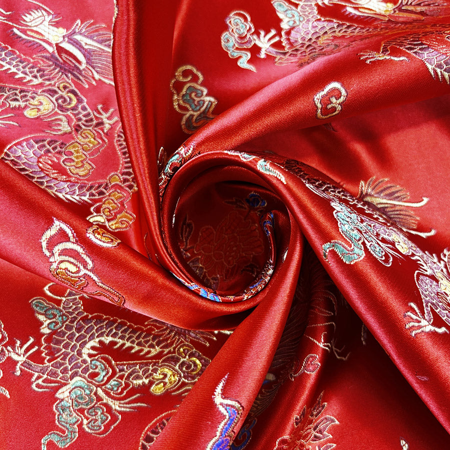 Chinese Jacquard Fabric Red Polyester Qipao Flaming Dragon Twist