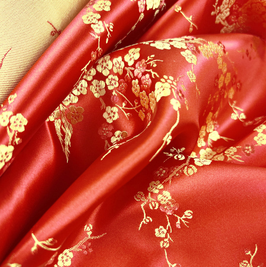 Chinese Jacquard Fabric Red Polyester Qipao Plum Blossom