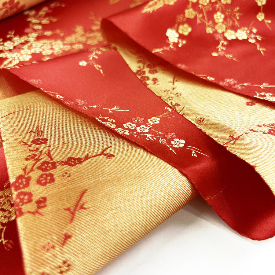 Chinese Jacquard Fabric Red Polyester Qipao Plum Blossom Fold