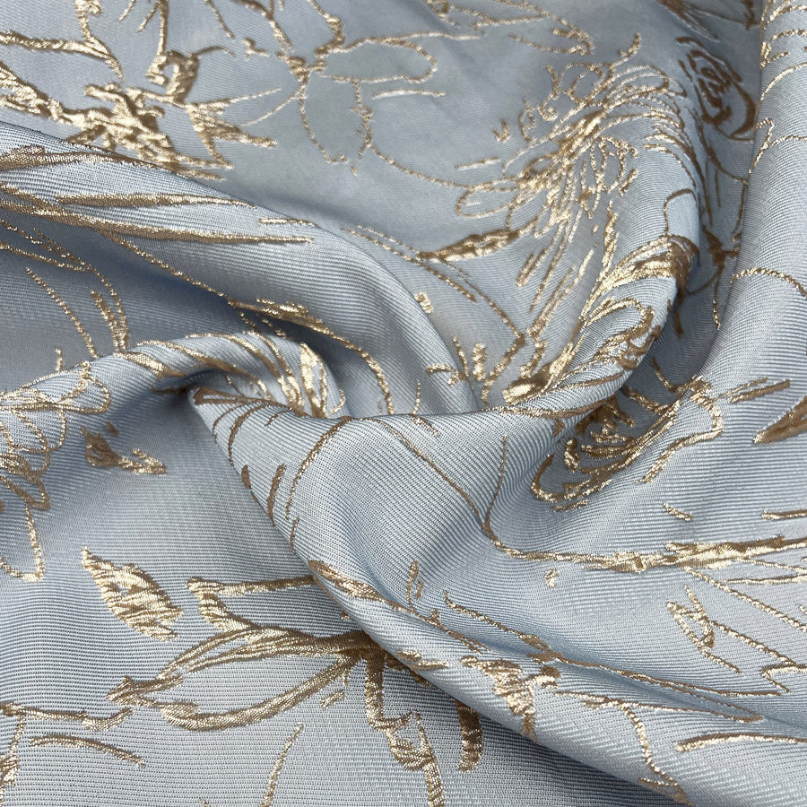 Chloe Pale Blue Rose Gold Polyester Metallic Lurex Jacquard Brocade Floral Woven Dress Fabric