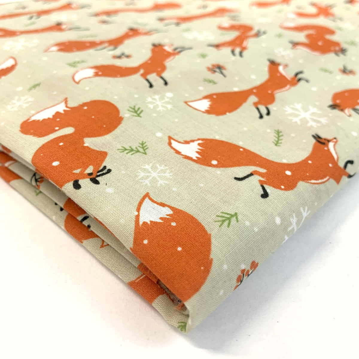 Christmas Polycotton Festive Fox Beige Fold