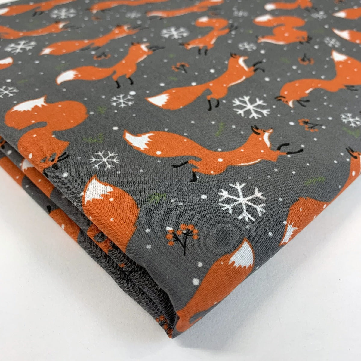 Christmas Polycotton Festive Fox Grey Fold