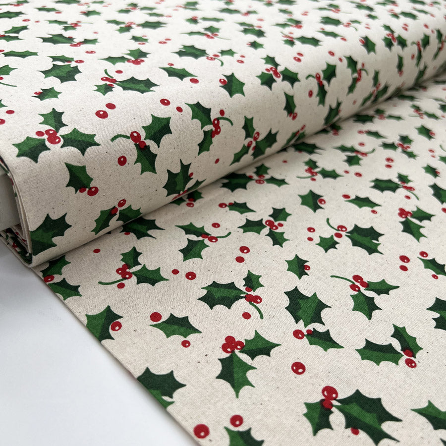 Christmas Cotton Mistletoe Green Red Holly Print Craft Fabric Bolt