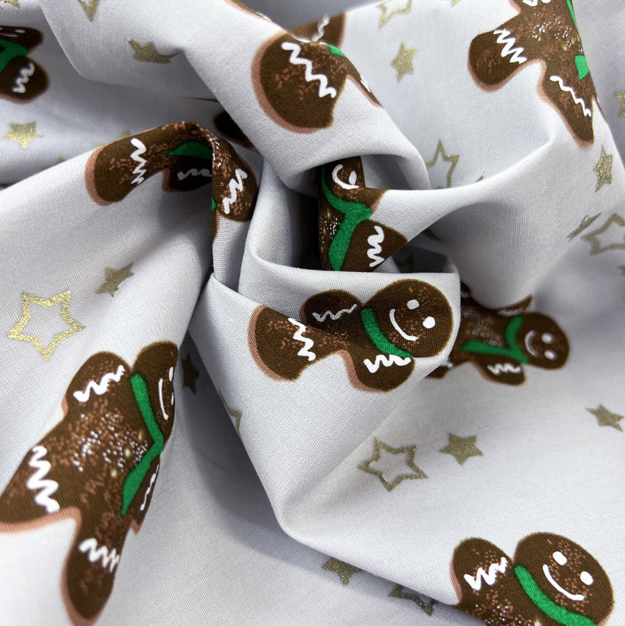Christmas Cotton Poplin Fabric Grey Gingerbreaad Men Jolly Gingers
