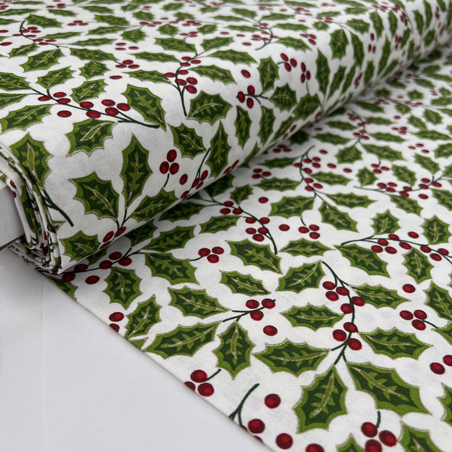 Christmas Cotton Red Berry White Holly Print Craft Fabric Bolt