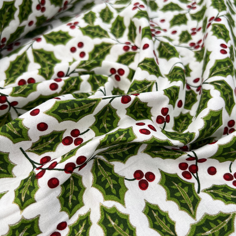 Christmas Cotton Red Berry White Holly Print Craft Fabric