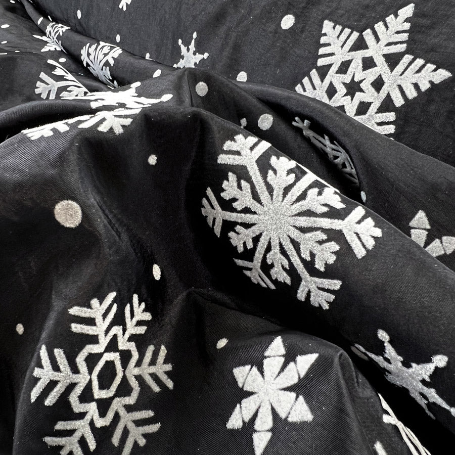 Christmas Craft Fabric Polyester Taffeta Flocked Snowflakes Black Silver