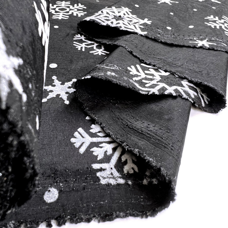 Christmas Craft Fabric Polyester Taffeta Flocked Snowflakes Black Silver Roll
