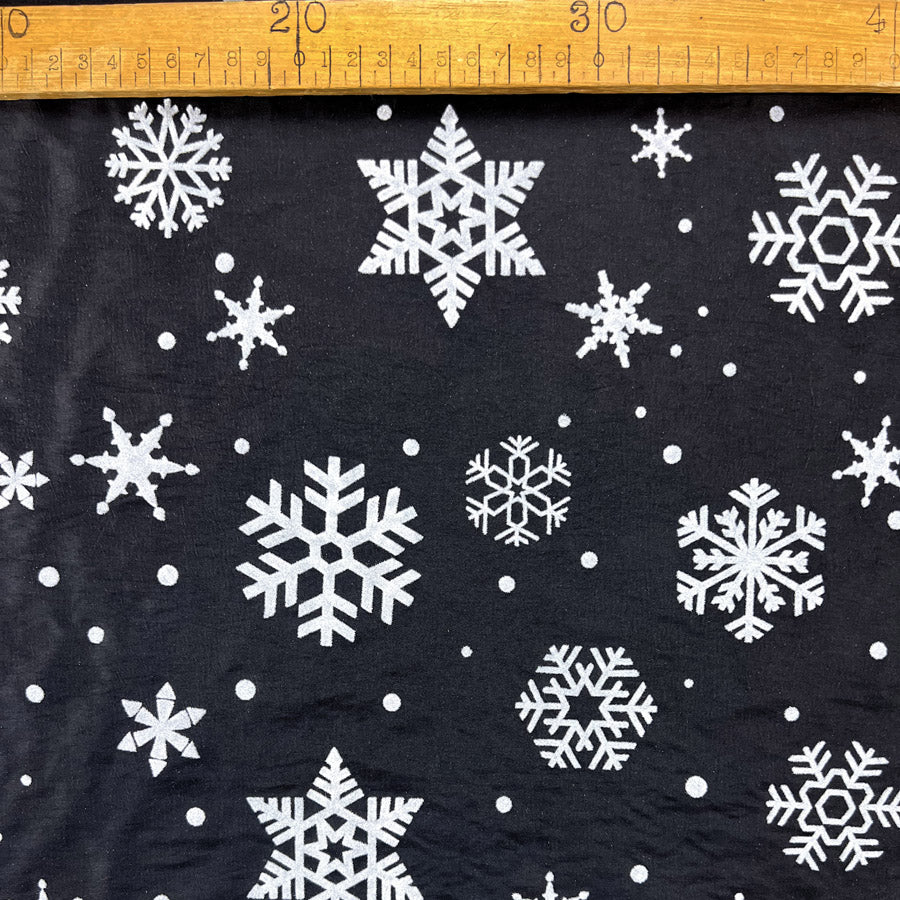 Christmas Craft Fabric Polyester Taffeta Flocked Snowflakes Black Silver Ruler