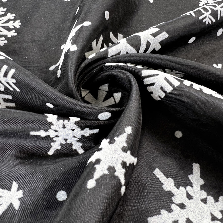 Christmas Craft Fabric Polyester Taffeta Flocked Snowflakes Black Silver Twist