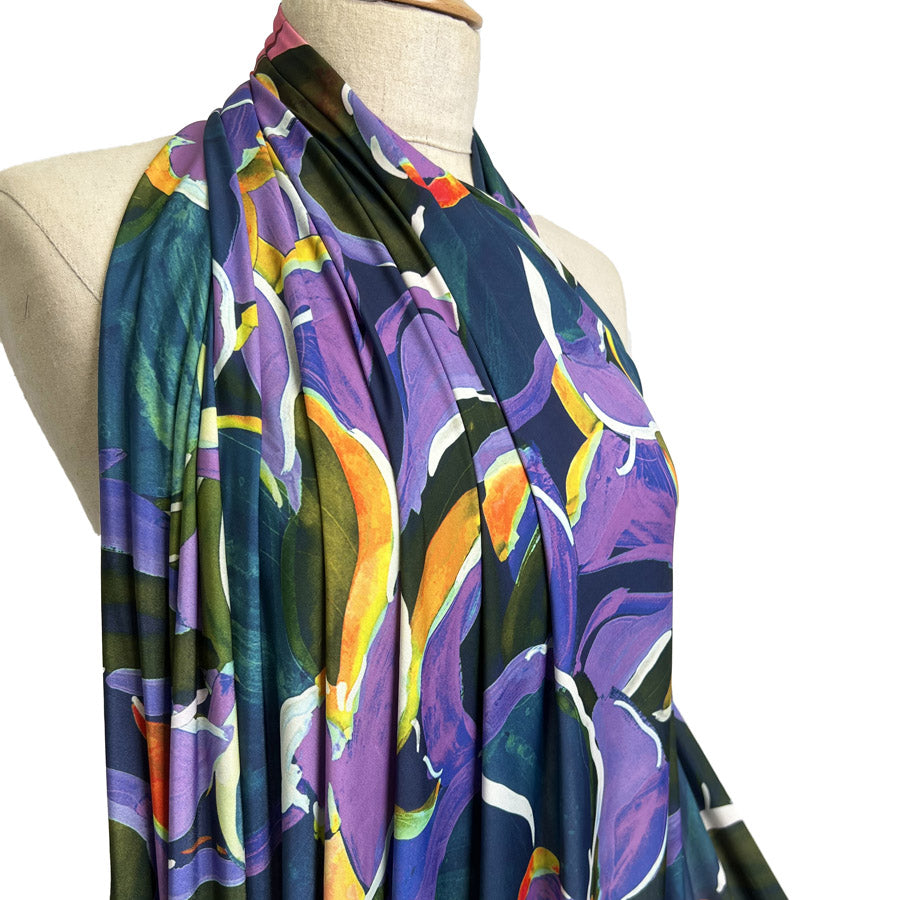 Claude Polyester Elastane Abstract Large Scale Floral Purple Soft Knitted Dress Fabric Side