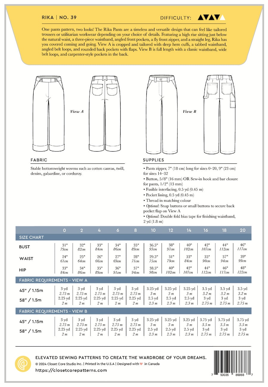 Closet Core Patterns Rika Pants Pattern Back