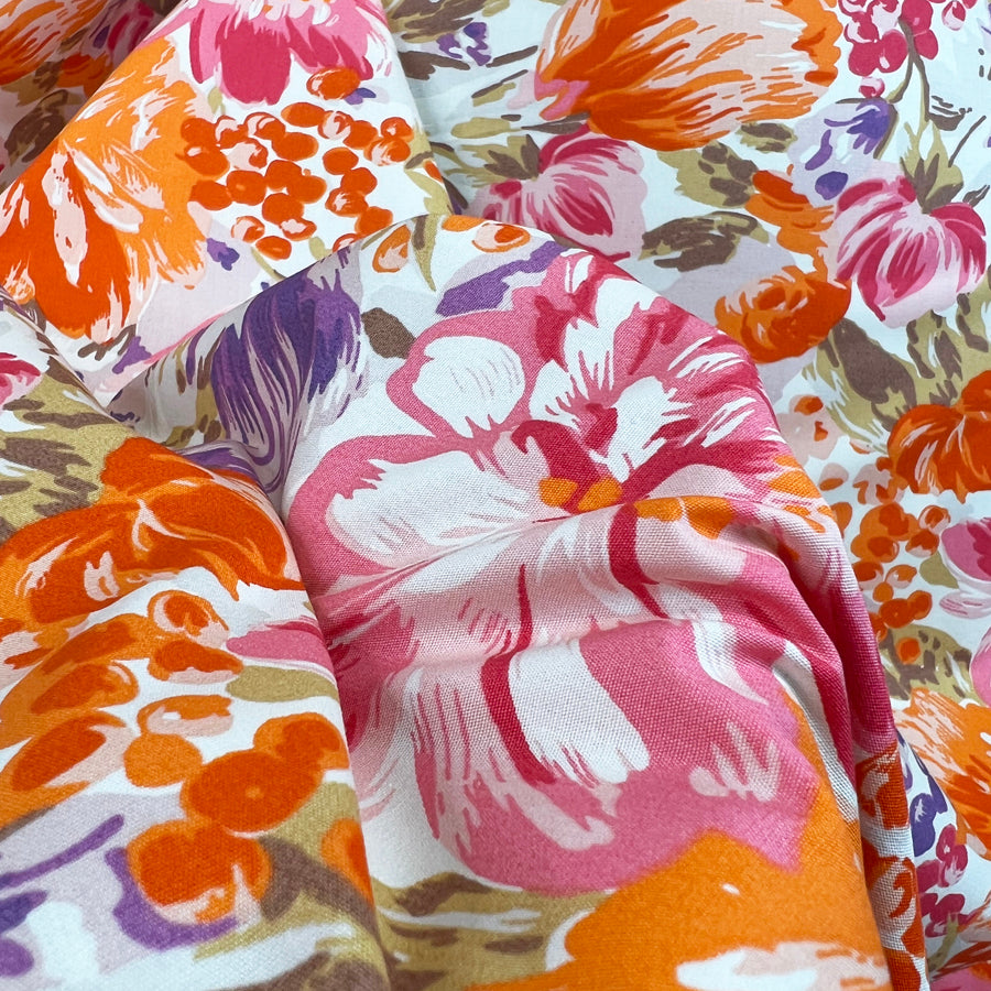Combed Cotton Maria Orange Pink Purple Floral Poplin Dress Fabric