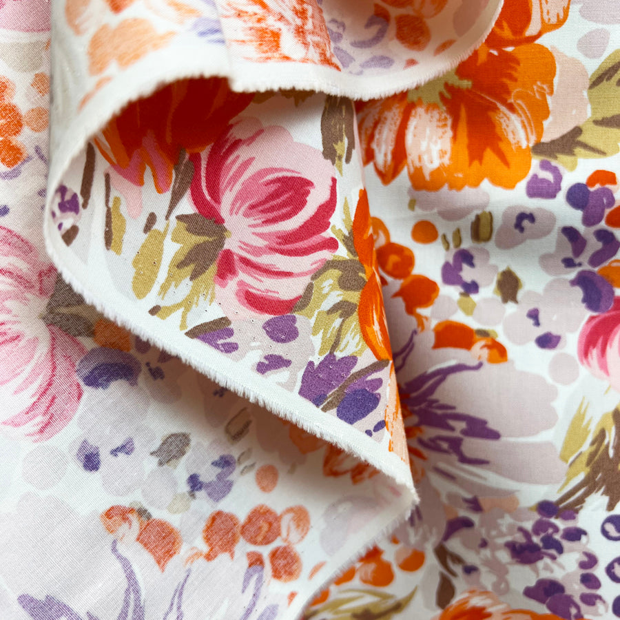 Combed Cotton Maria Orange Pink Purple Floral Poplin Dress Fabric Drape