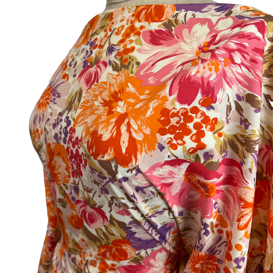Combed Cotton Maria Orange Pink Purple Floral Poplin Dress Fabric Side