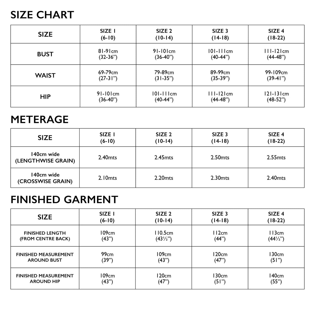 Coni Tunic Size Chart