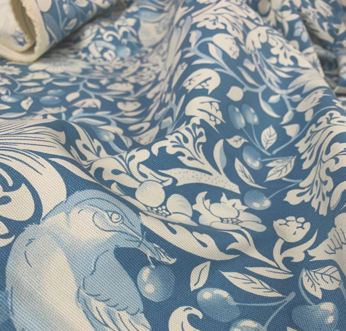 Cotton Canvas Cherry Thief Cotton Canvas Fabric Duck Egg Blue Floral Inspiered By William Morris Fold