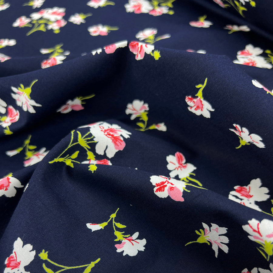 Cotton Poplin Dress Fabric Pink Flower Lilyanne Navy