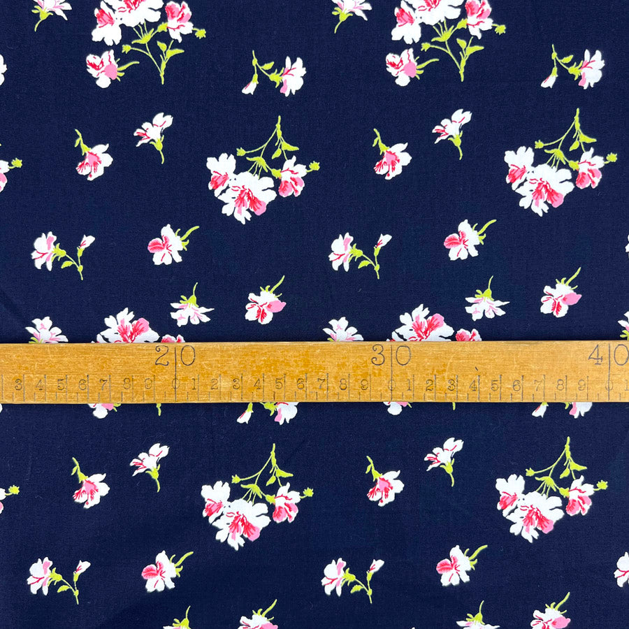 Cotton Poplin Dress Fabric Pink Flower Lilyanne Navy Ruler