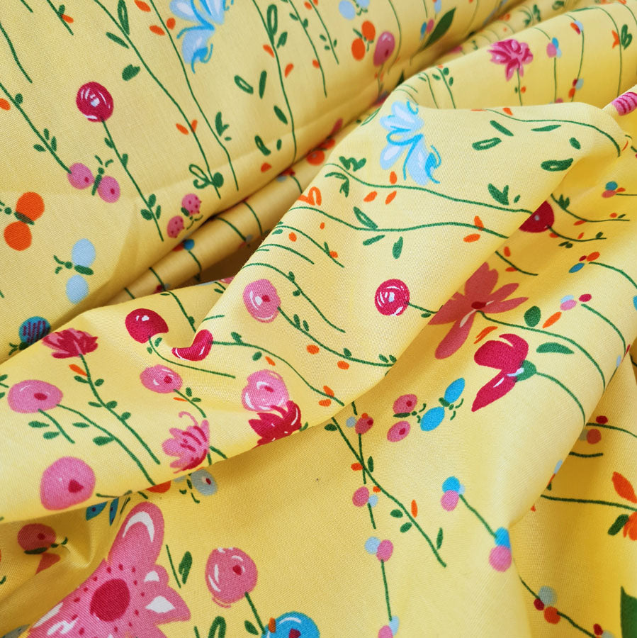 Cotton Poplin Floral Print Sewing Room Yellow Close Up