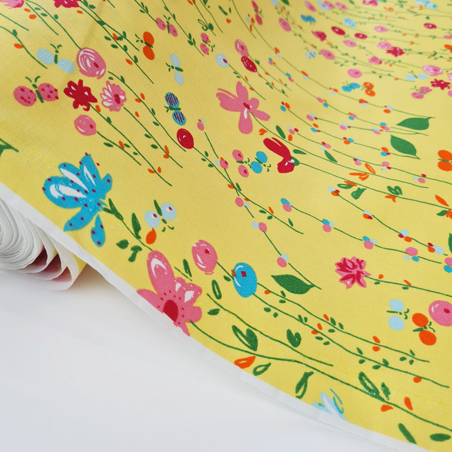 Cotton Poplin Floral Print Sewing Room Yellow Roll