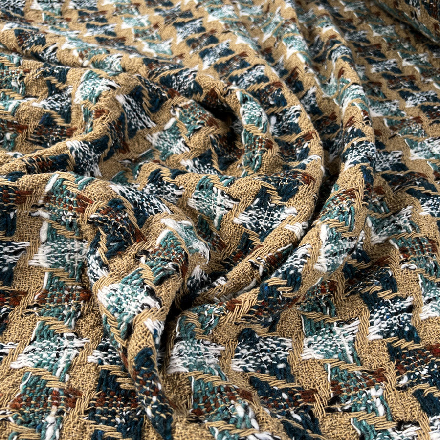 Cotton Tweed Camel Brown Teal Houndstooth Check Ex Designer Italian Deadstock Coating Fabric