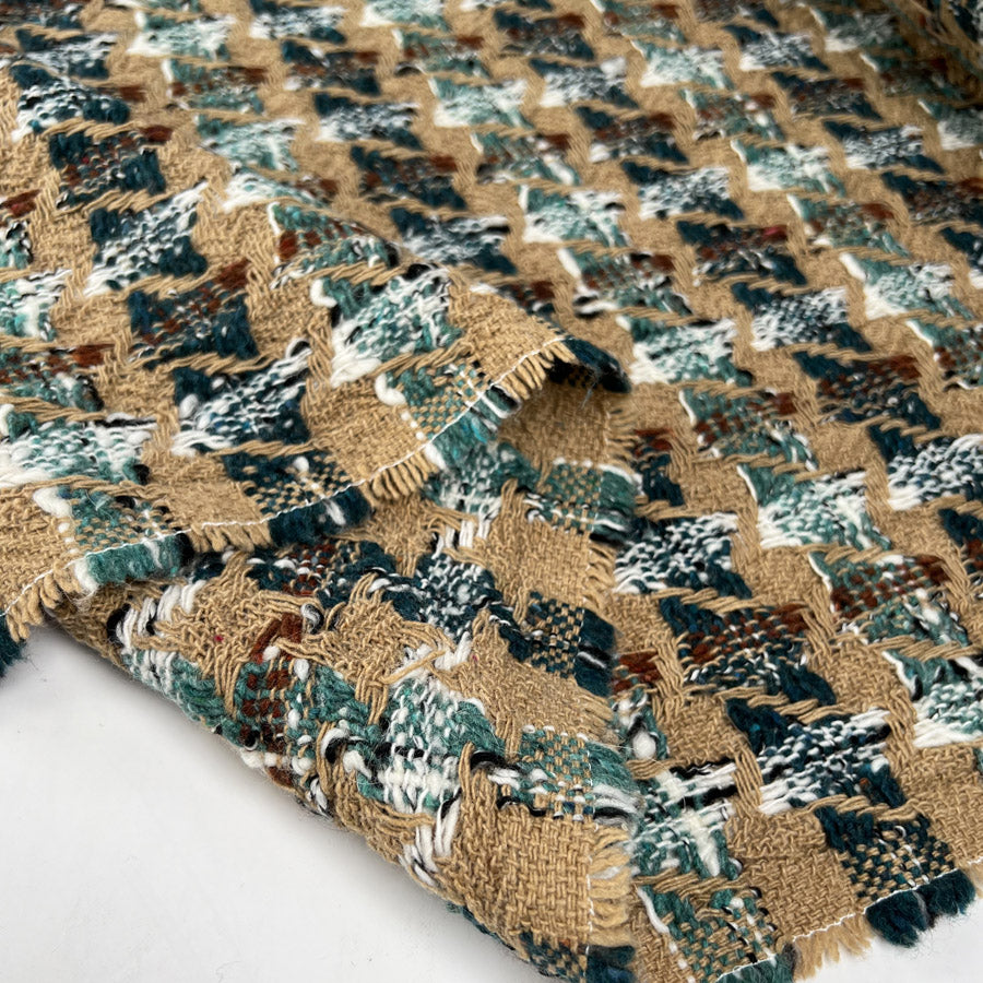 Cotton Tweed Camel Brown Teal Houndstooth Check Ex Designer Italian Deadstock Coating Fabric Fold