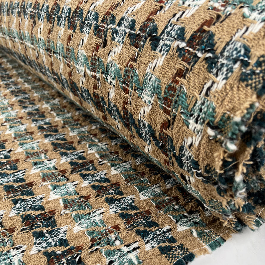 Cotton Tweed Camel Brown Teal Houndstooth Check Ex Designer Italian Deadstock Coating Fabric Roll